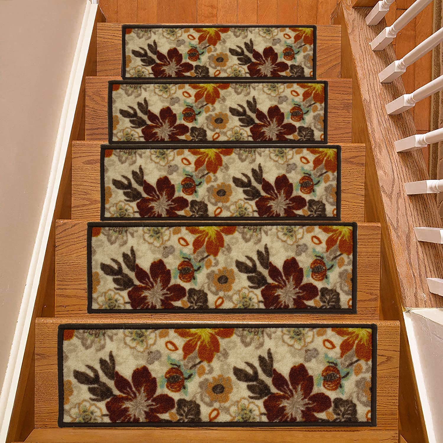 House, Home and More Set of 15 Skid-Resistant Carpet Stair Treads – Floral Bloom – Classic Brown – 8 Inches x 26 Inches