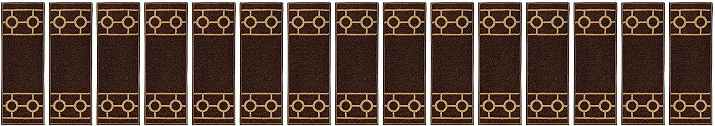 Machine Washable Stair Tread Chain Bordered Brown Color Skid Resistant Latex Back Carpet Stair Treads Size 9" x 26" Many Set Options