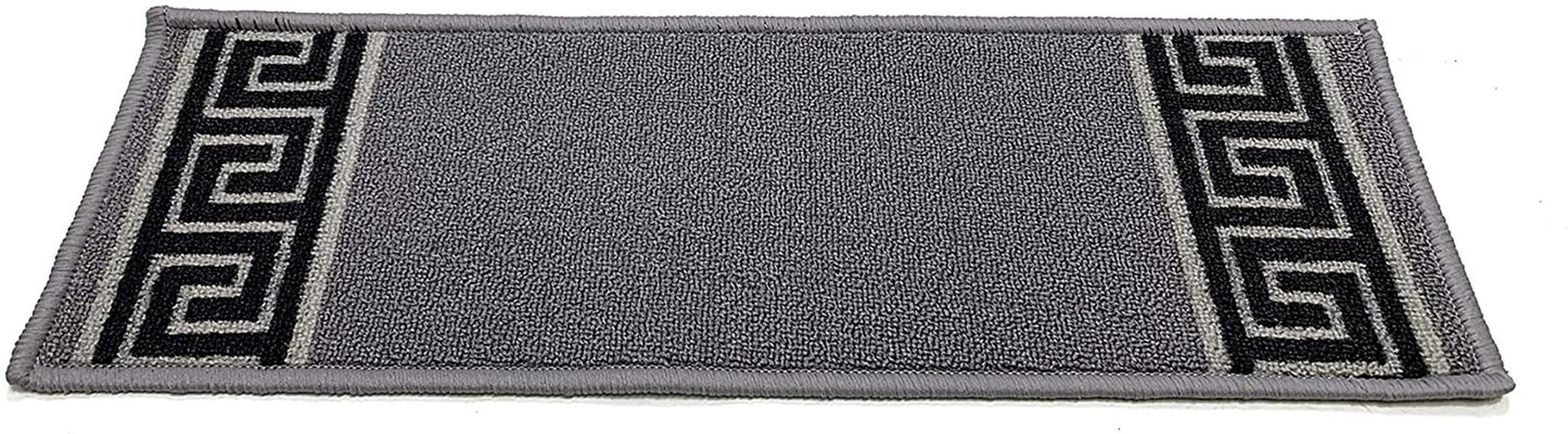 Machine Washable Stair Tread Greek Key Bordered Black and Gray Skid Resistant Latex Back Carpet Stair Treads Size 8.5" x 26" Many Set Option