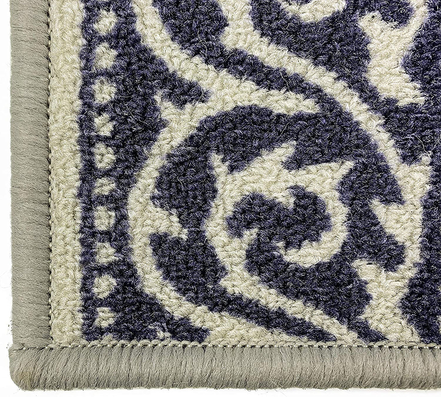 Machine Washable Stair Tread Floral Scroll Navy Bordered Grey Skid Resistant Latex Back Carpet Stair Treads Size 8.5" x 26" Many Set Options