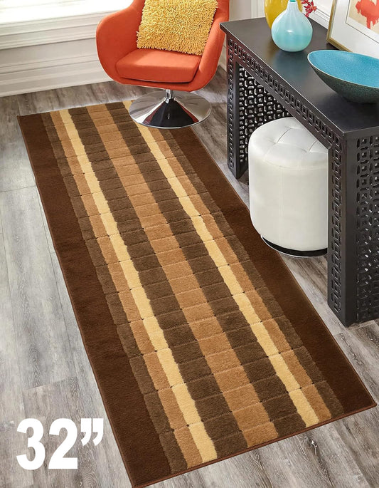 Machine Washable Custom Size Runner Rug Squares Geometric Brown Skid Resistant Runner Rug  Customize Up to 50 Feet and 30 Inch Width Runner Rug
