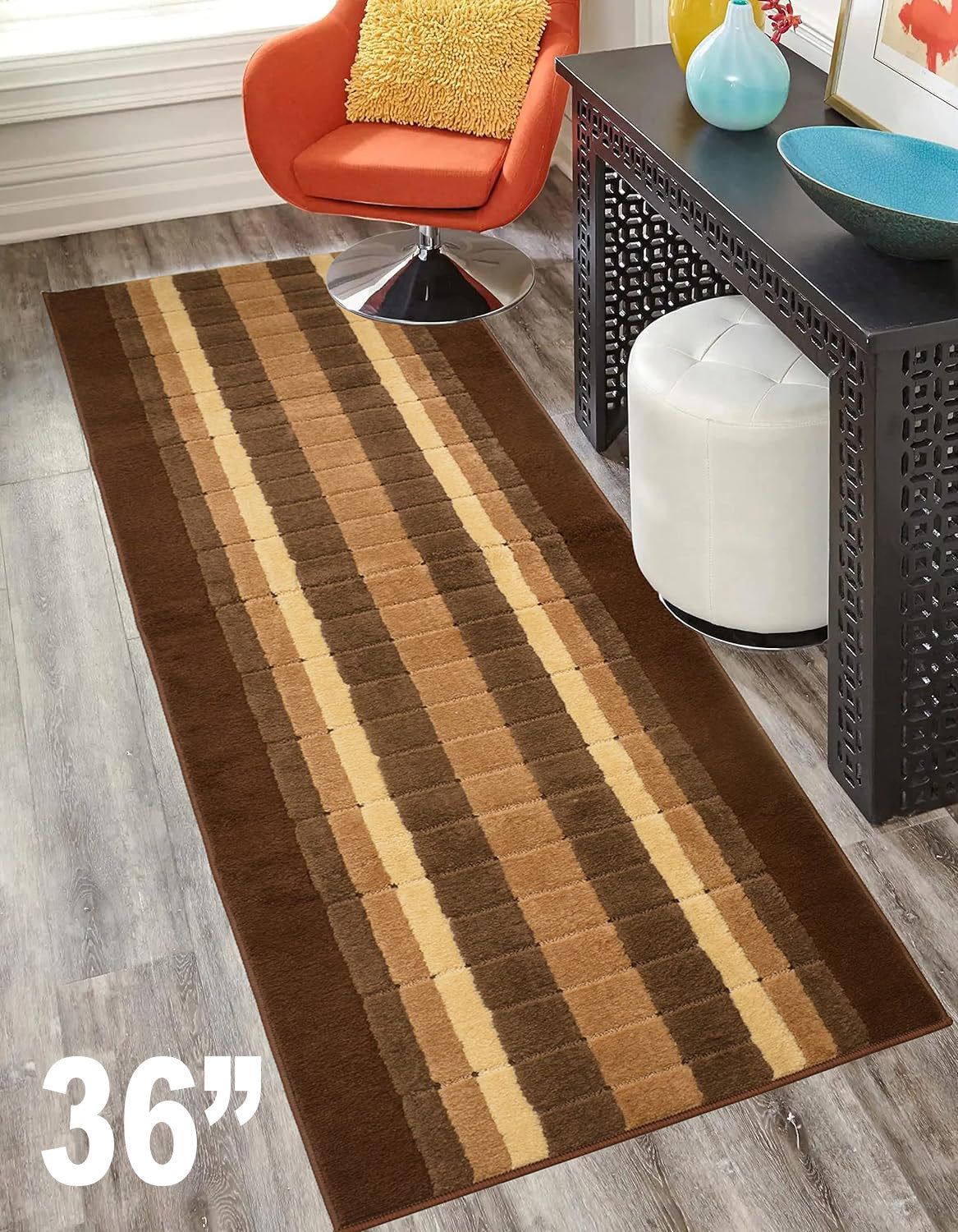 Machine Washable Custom Size Runner Rug Squares Geometric Brown Skid Resistant Runner Rug  Customize Up to 50 Feet and 36 Inch Width Runner Rug