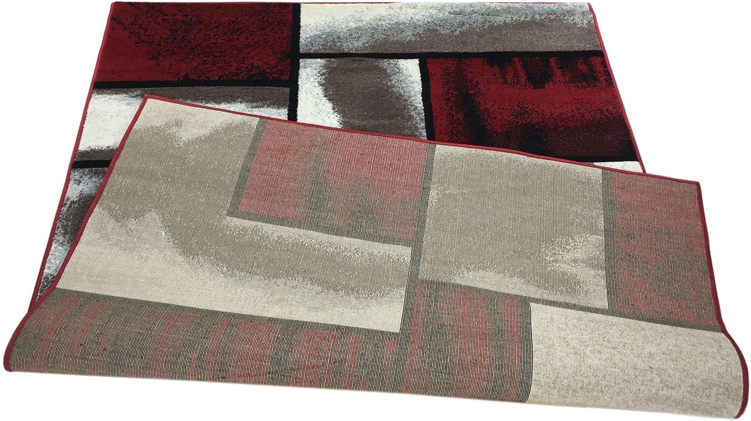 Comfy Collection Squares Contemporary Geometric Design Area Rug (Red/Cappuccino, 4'11" x 6'11")-3