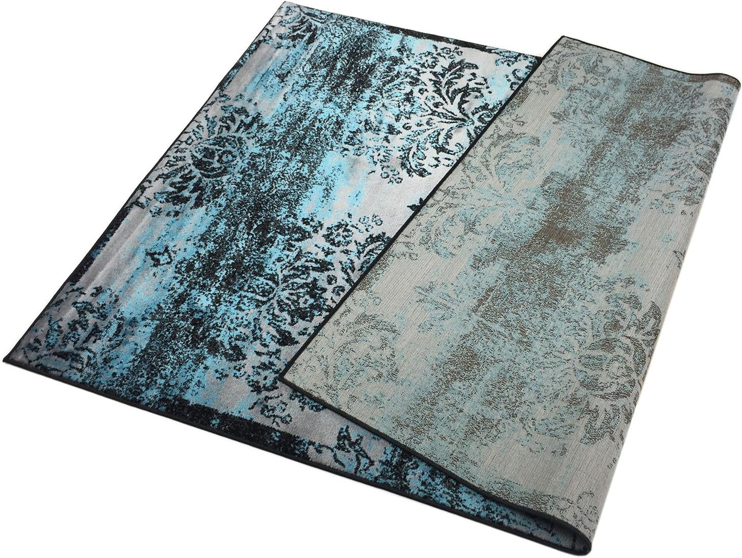 Studio Collection Vintage French Damask Design Contemporary Modern Area Rug (Damask Silver Grey / Aqua Blue, 5 x 7)