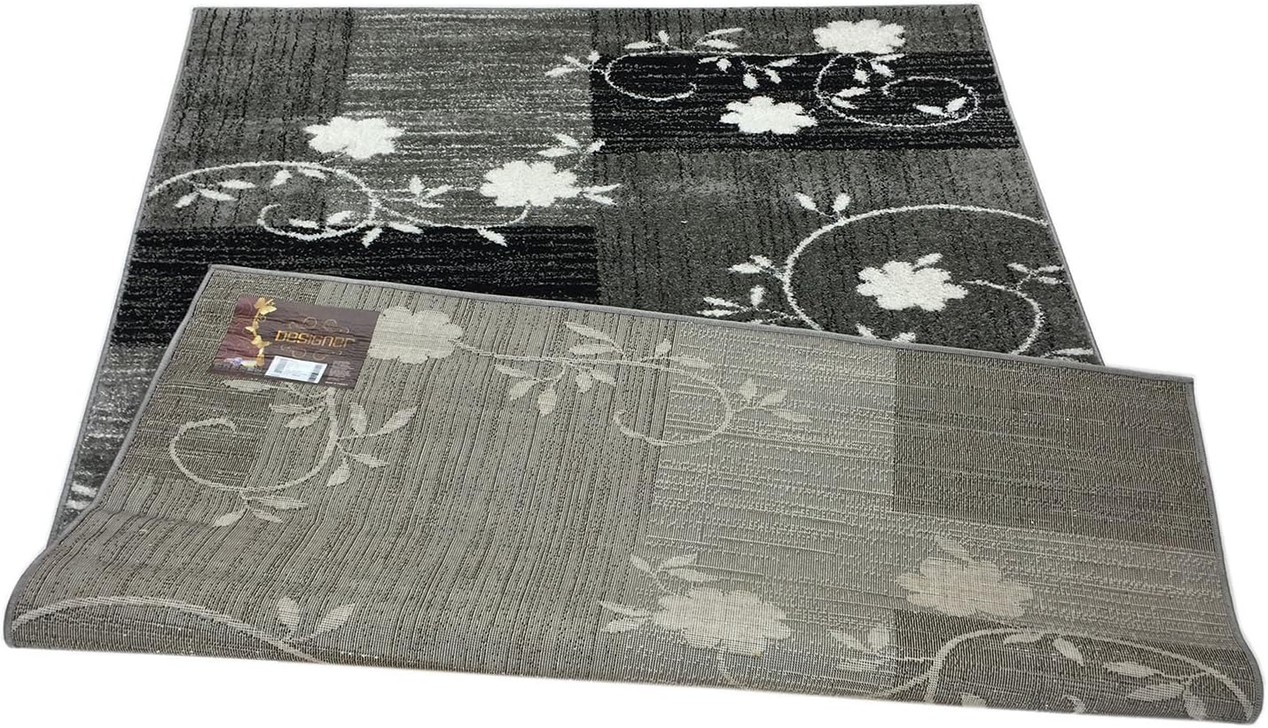 Designer Collection Squares and Flowers Design Contemporary Modern Area Rug Rugs 3 Options (Grey, 4'11"x6'11")