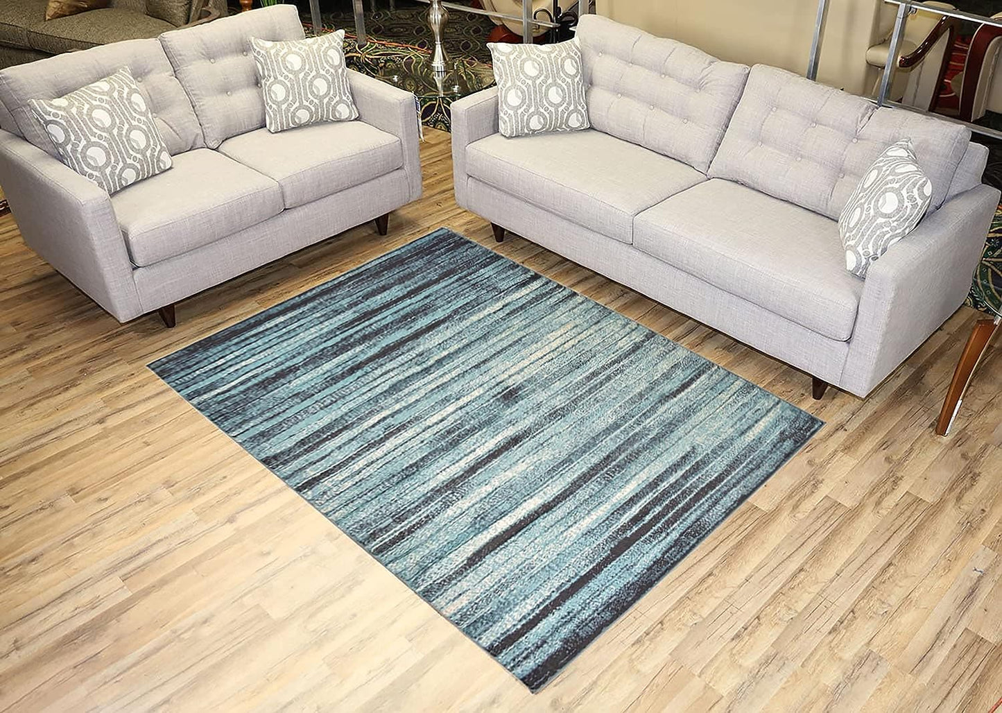 Studio Collection Vintage Distressed Stripes Abstract Design Contemporary Modern Area Rug (Stripes Aqua Blue, 5 x 7)