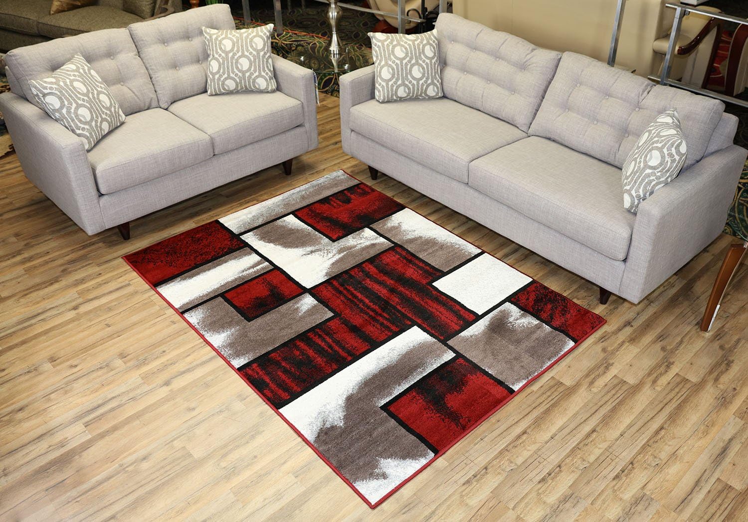 Comfy Collection Squares Contemporary Geometric Design Area Rug (Red/Cappuccino, 4'11" x 6'11")