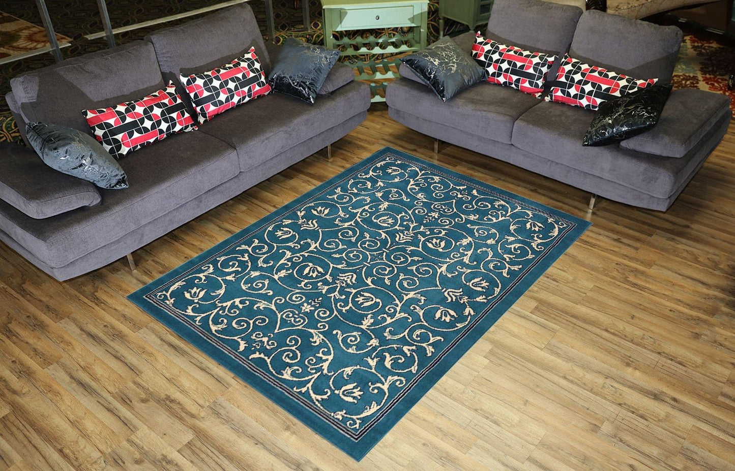 Conur Collection Floral Scroll Area Rug Rugs Modern Contemporary Traditional Area Rug (Petrol Blue, 4'11" x 6'11")