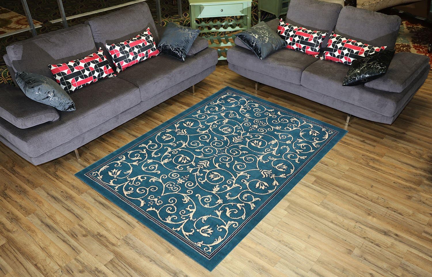 Conur Collection Floral Scroll Area Rug Rugs Modern Contemporary Traditional Area Rug (Petrol Blue, 4'11" x 6'11") - 0