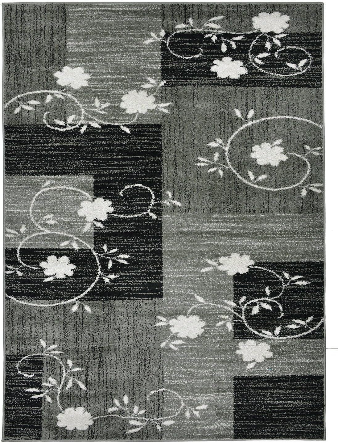 Designer Collection Squares and Flowers Design Contemporary Modern Area Rug Rugs 3 Options (Grey, 4'11"x6'11")-1