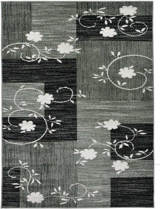 Designer Collection Squares and Flowers Design Contemporary Modern Area Rug Rugs 3 Options (Grey, 4'11"x6'11")