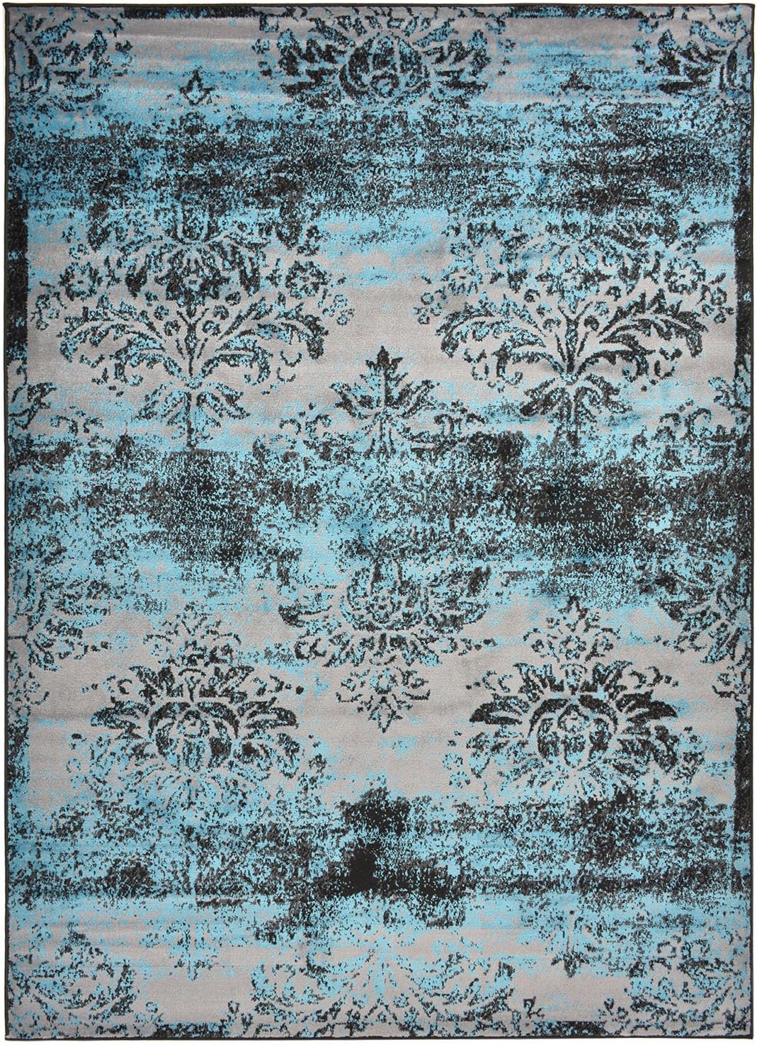 Studio Collection Vintage French Damask Design Contemporary Modern Area Rug (Damask Silver Grey / Aqua Blue, 5 x 7)