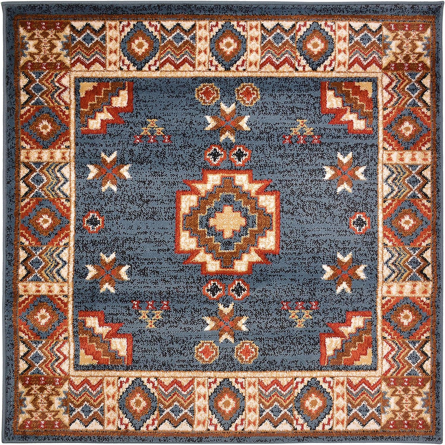 Nevita Collection Southwestern Native American Design Area Rug Rugs Geometric (Tribal Blue, 3 x 3)-1