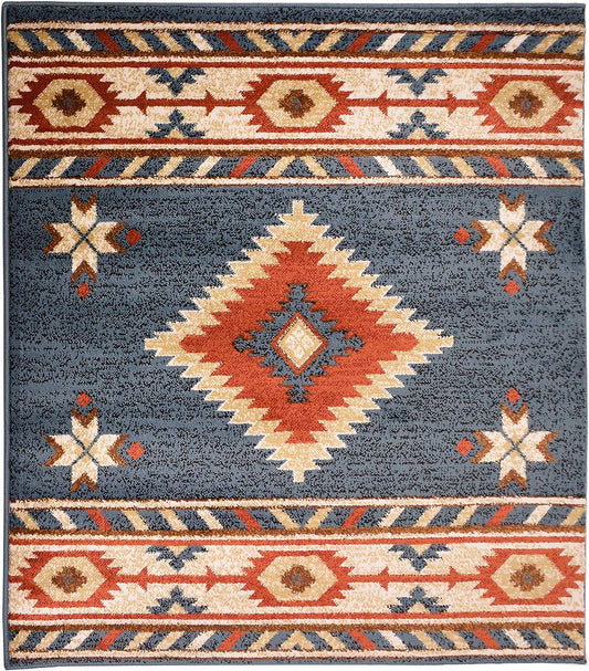Nevita Collection Southwestern Native American Design Area Rug Rugs Geometric (Blue, 3 x 3)