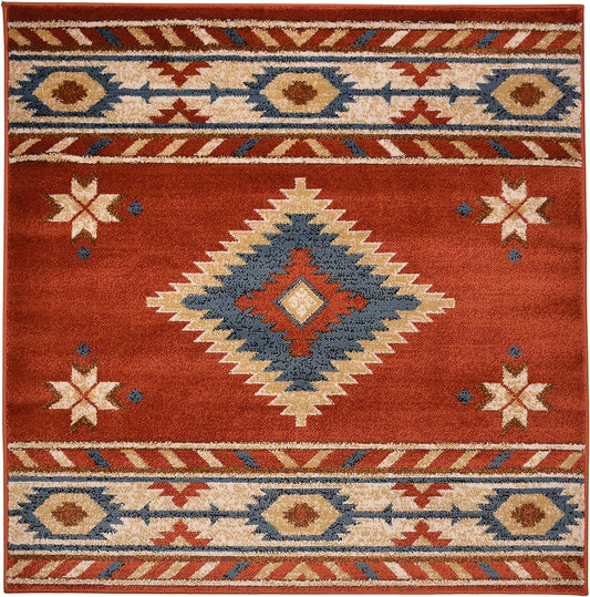 Nevita Collection Southwestern Native American Design Rug Geometric (Orange (Terra), 3 x 3)