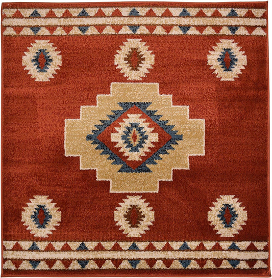 Nevita Collection Southwestern Abstract Native American Design Rug Geometric (Tribal Orange (Terra), 3 x 3)
