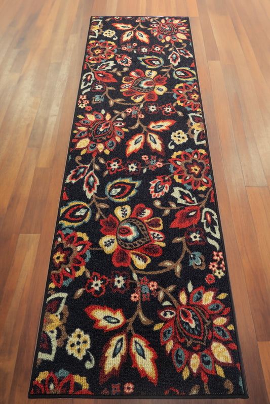 Machine Washable Custom Size Runner Rug Berber Style Scroll Flower Black Skid Resistant Rug Runners Customize By Feet and 26 inch Width