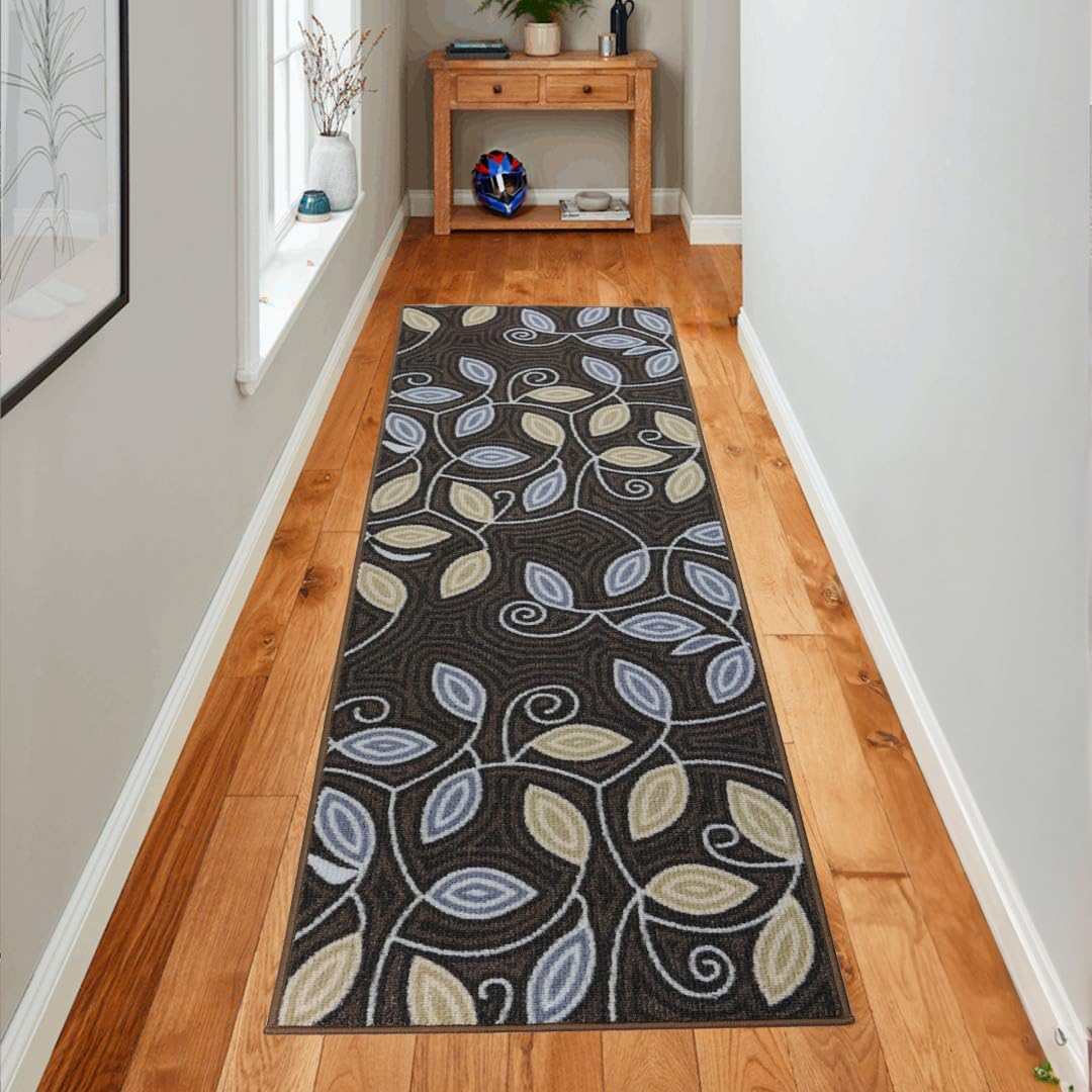 Machine Washable Custom Size Runner Rug Berber Style Scroll Leaves Brown Skid Resistant Rug Runners Customize By Feet and 26 inch Width
