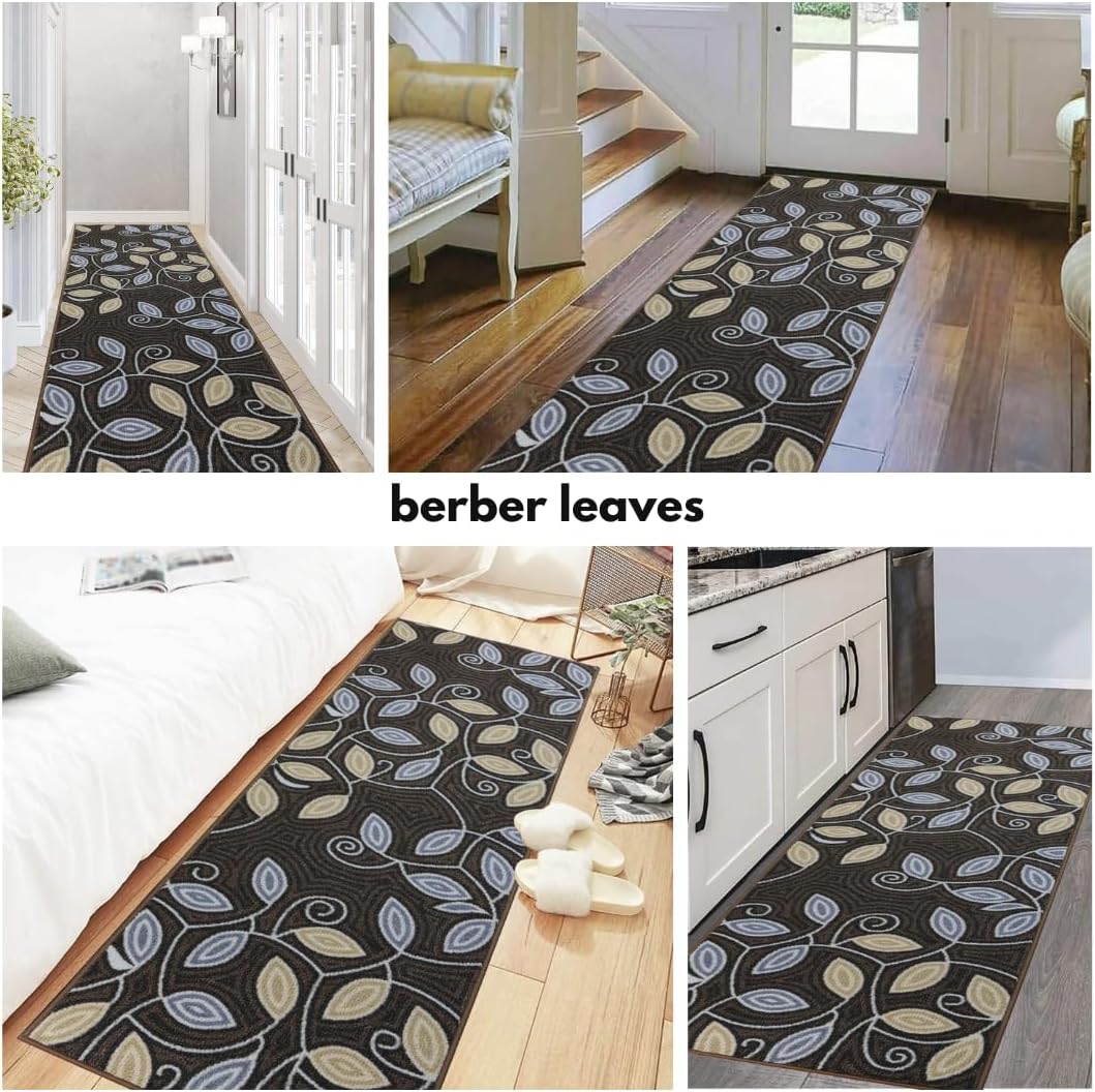 Machine Washable Custom Size Runner Rug Berber Style Scroll Leaves Brown Skid Resistant Rug Runners Customize By Feet and 26 inch Width