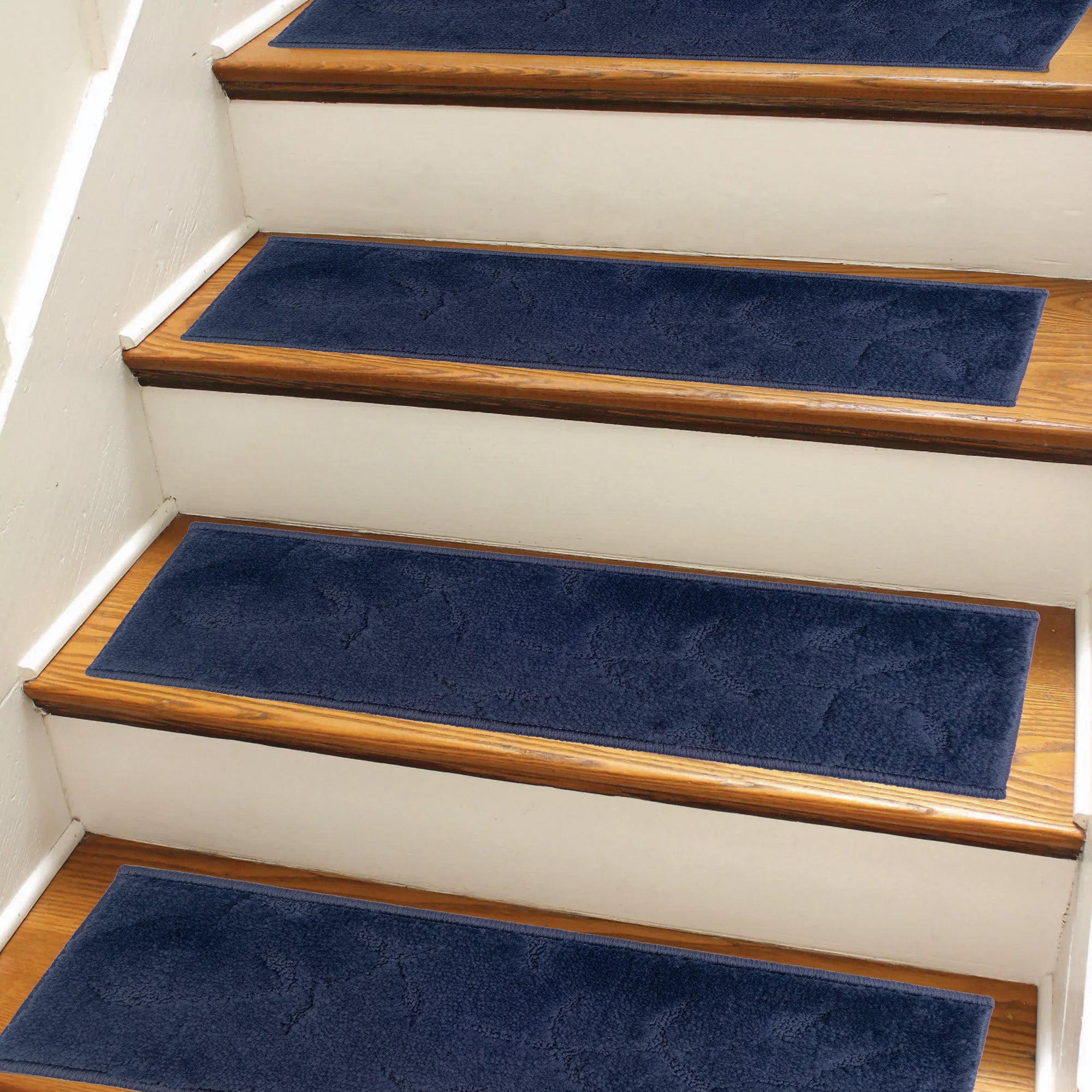 Machine Washable Custom Size Stair Treads Set of 13 and Runner Rug Scroll Floral Navy Skid Resistant Stair Tread Custom by Inch and 25" Wide