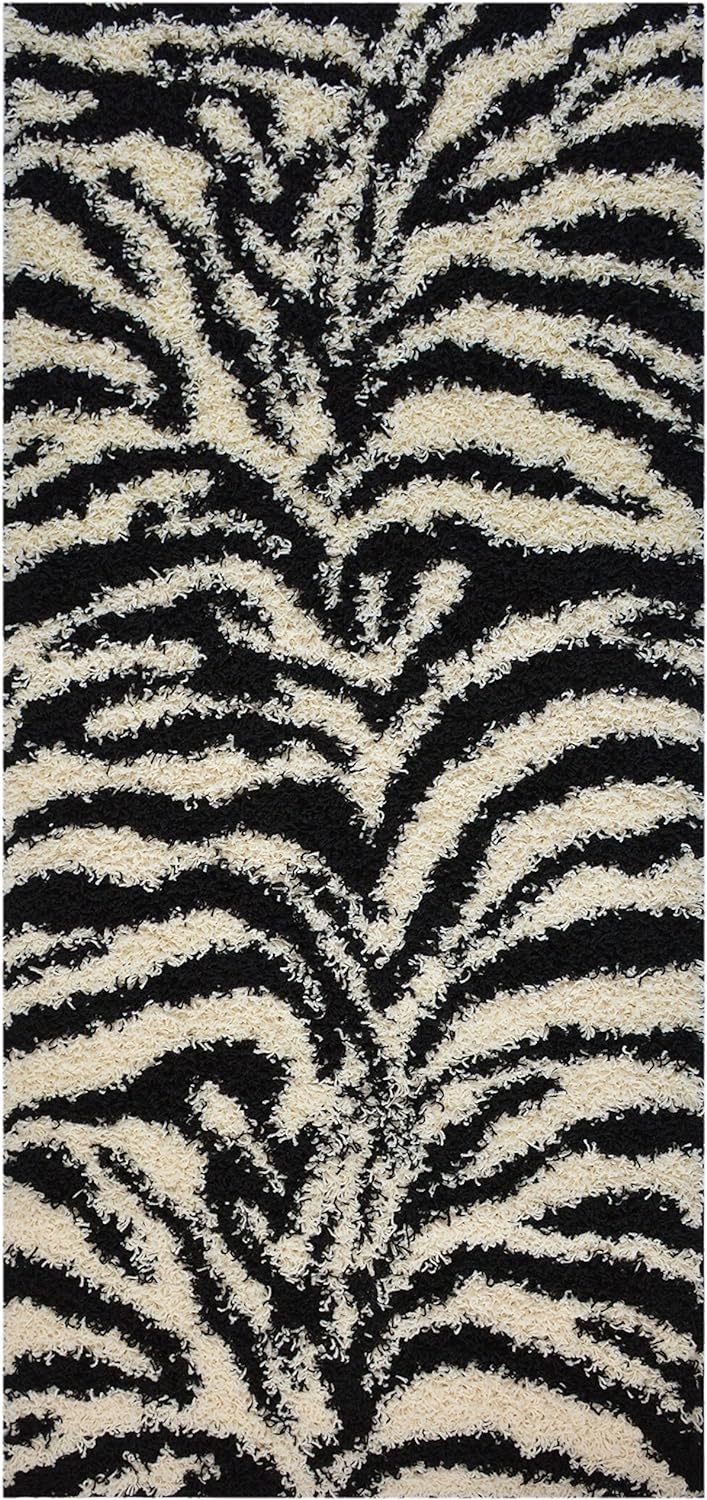 RugStylesOnline Shaggy Collection Black Off-White Zebra Design Contemporary Modern Shag Area Rug (3'3"x7')