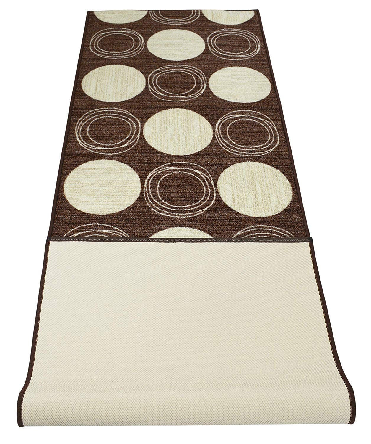 Custom Size Runner Rug Circles Geometric Abstract Brown Cream Skid Resistant Runner Rug Cut To Size Non Slip Runner Rug Customize By Feet
