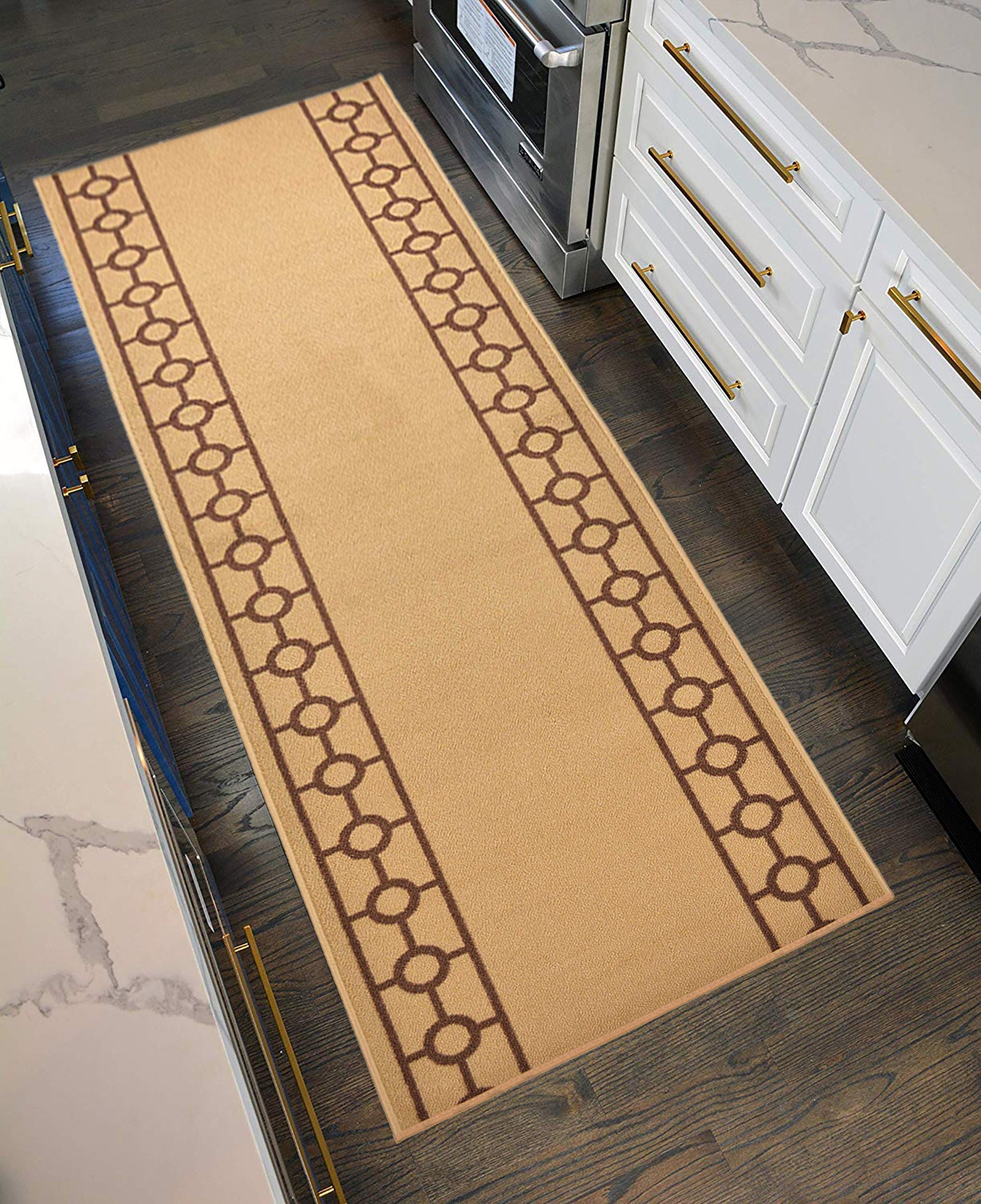 Custom Size Runner Rug Chain Border Beige with Brown Border Skid Resistant Runner Rug 26 Inches and 32 Inches Wide Customize By Feet-1