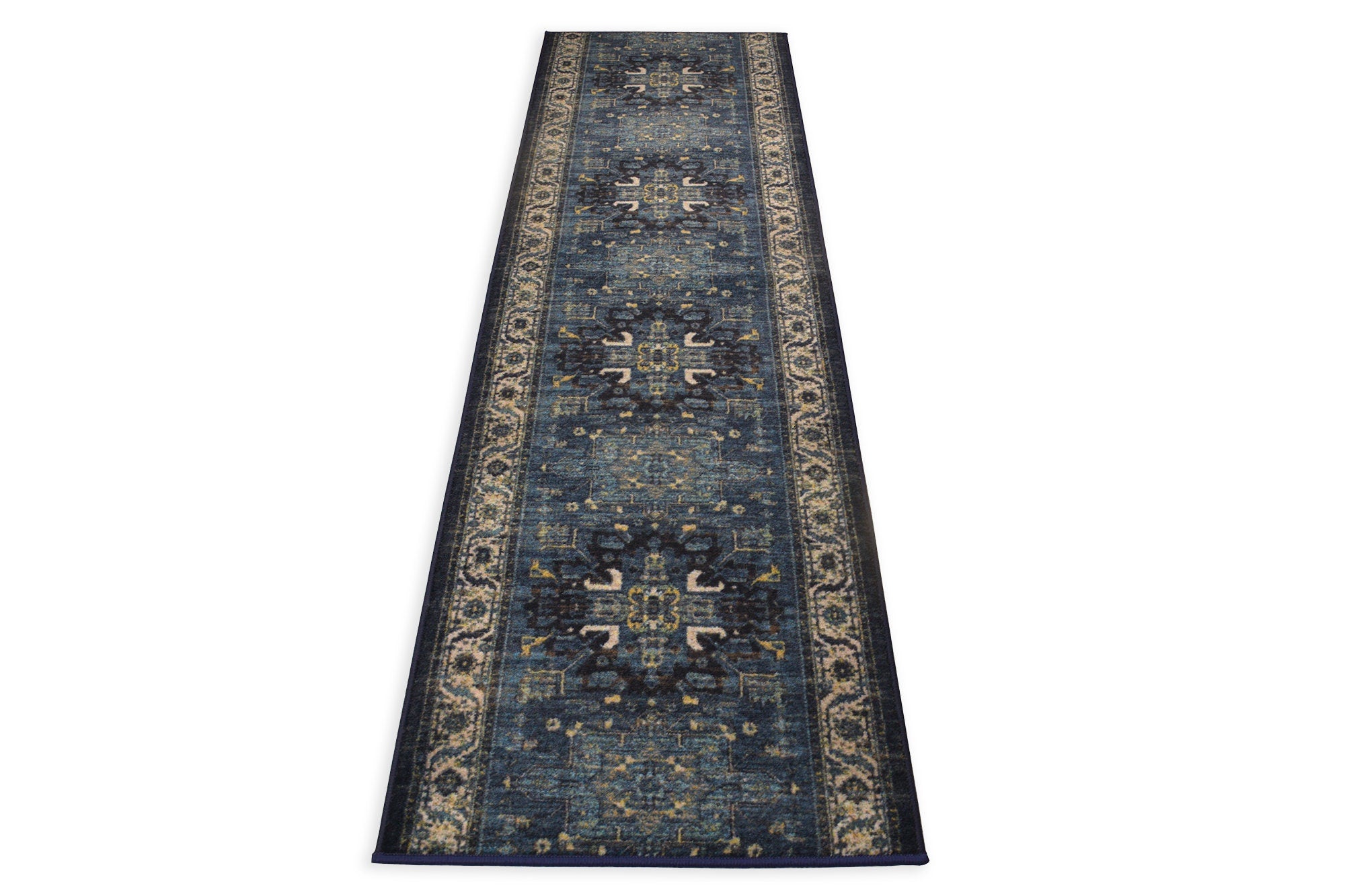 Custom Size Runner Rug Antique Persian Medallion Navy Blue Natural Cotton Backing Pick Your Own Size By Up to 50 Ft, Width 26" or 35"