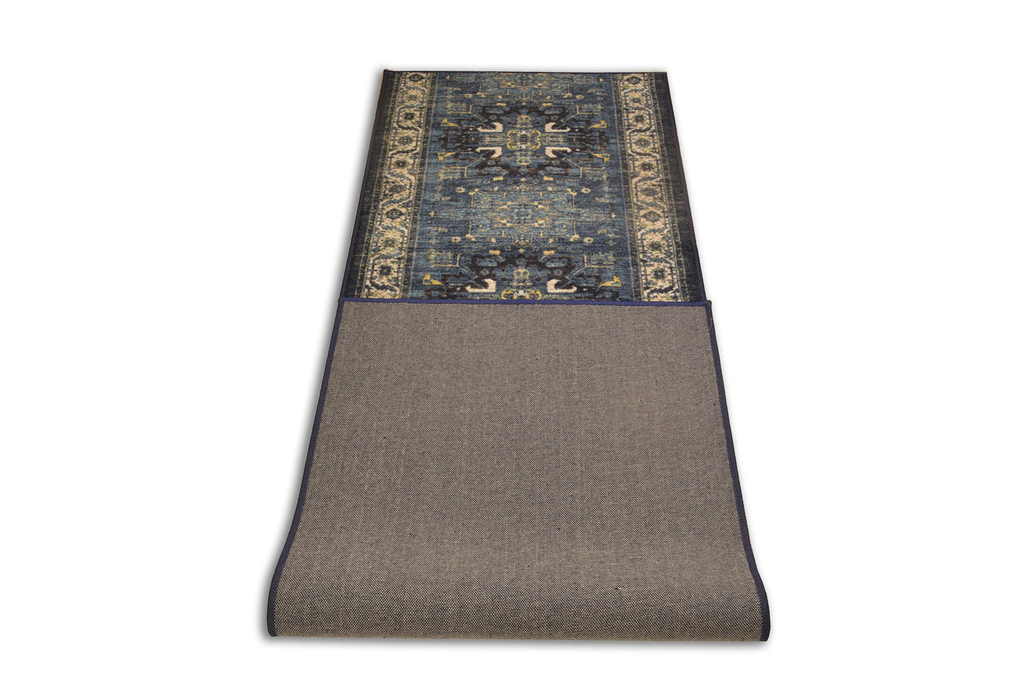 Custom Size Runner Rug Antique Persian Medallion Navy Blue Natural Cotton Backing Pick Your Own Size By Up to 50 Ft, Width 26" or 35"
