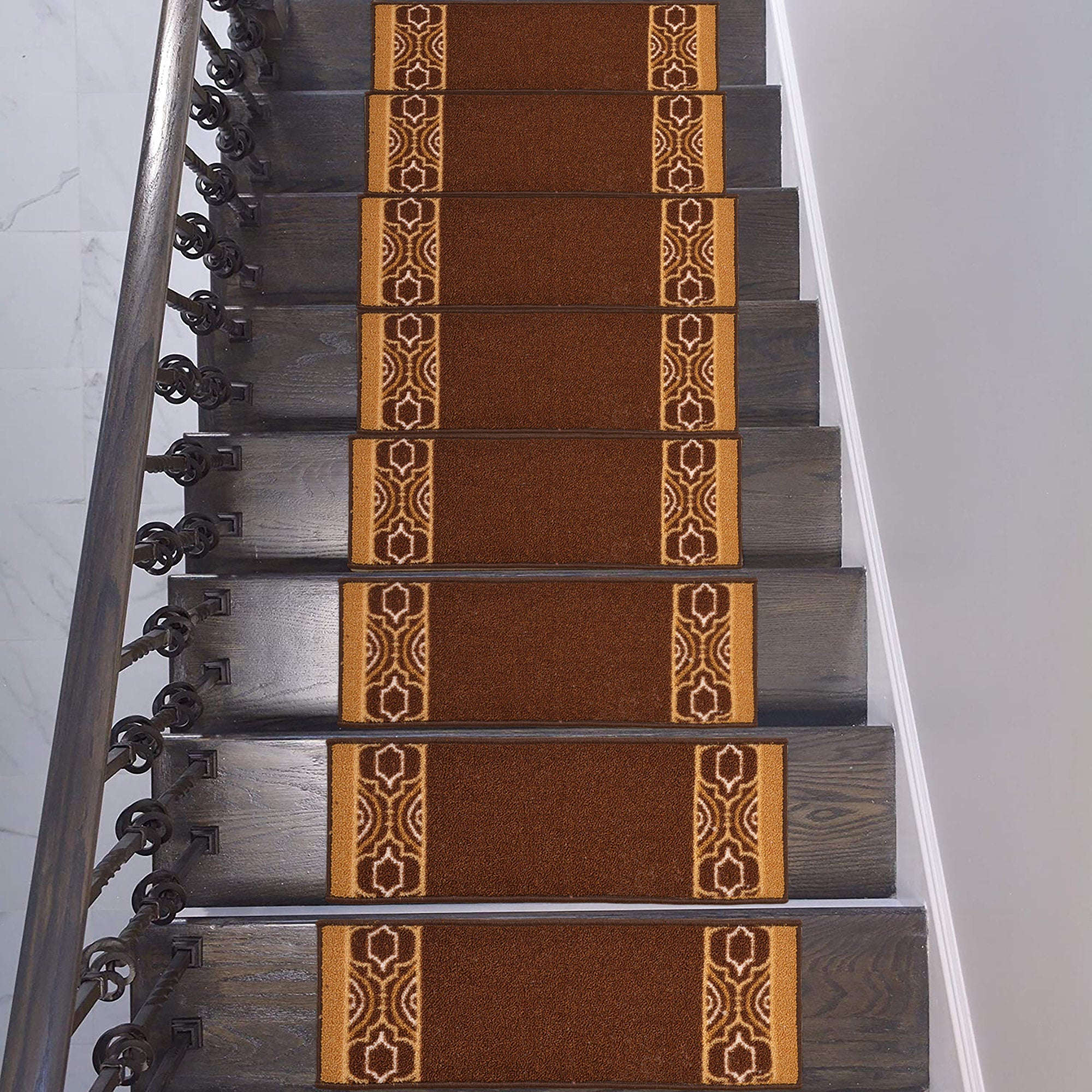 Machine Washable Stair Tread Moroccan Trellis Bordered Brown Skid Resistant Latex Back Carpet Stair Treads Size 8.5" x 26" Many Set Options