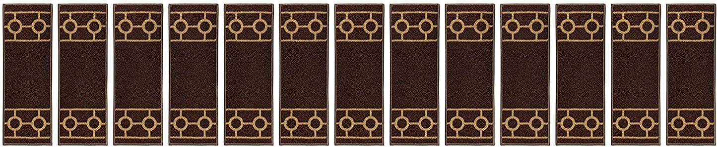 Machine Washable Stair Tread Chain Bordered Brown Color Skid Resistant Latex Back Carpet Stair Treads Size 9" x 26" Many Set Options