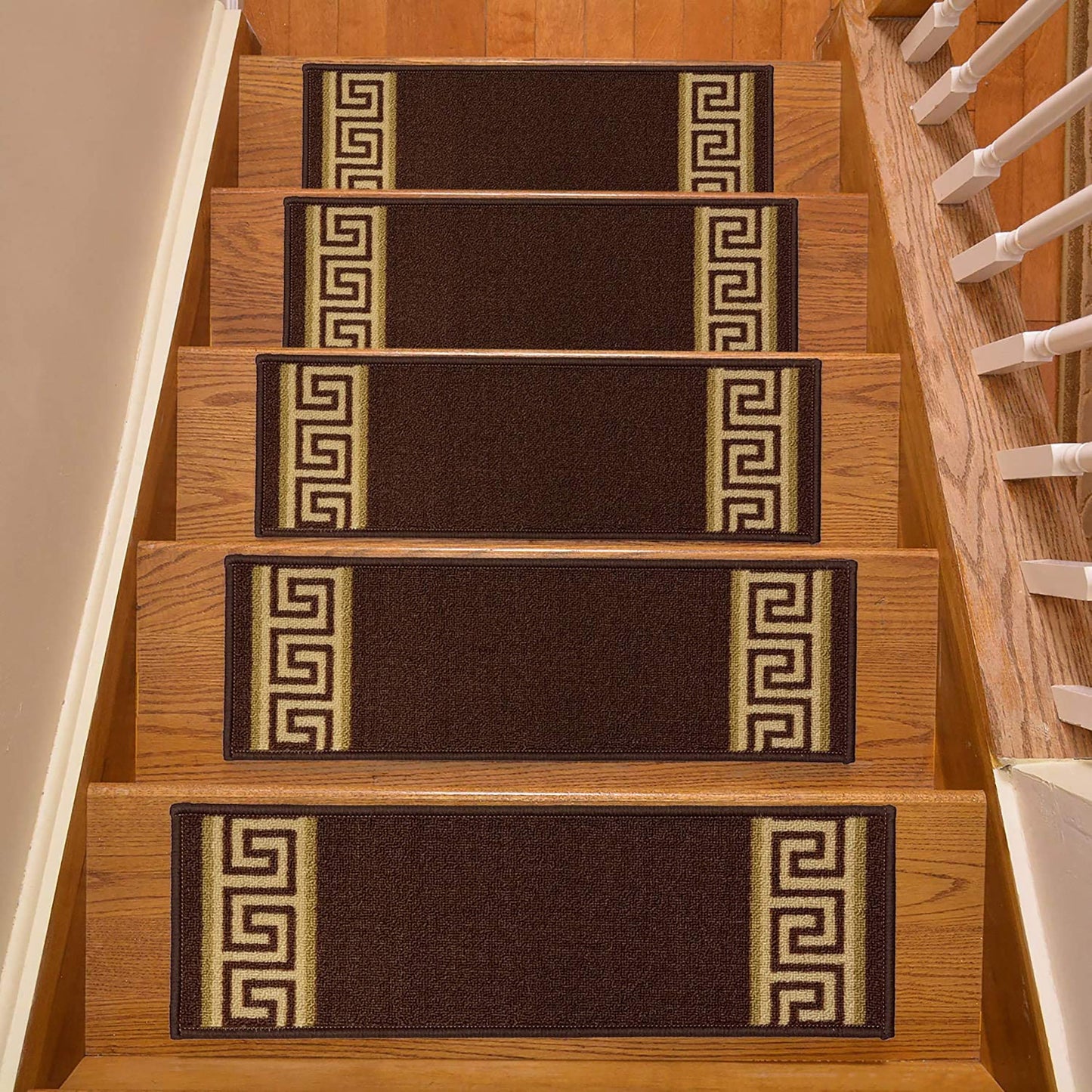 Machine Washable Stair Tread Meander Greek Key Bordered Brown Skid Resistant Latex Back Carpet Stair Treads Size 8.5" x 26" Many Set Options