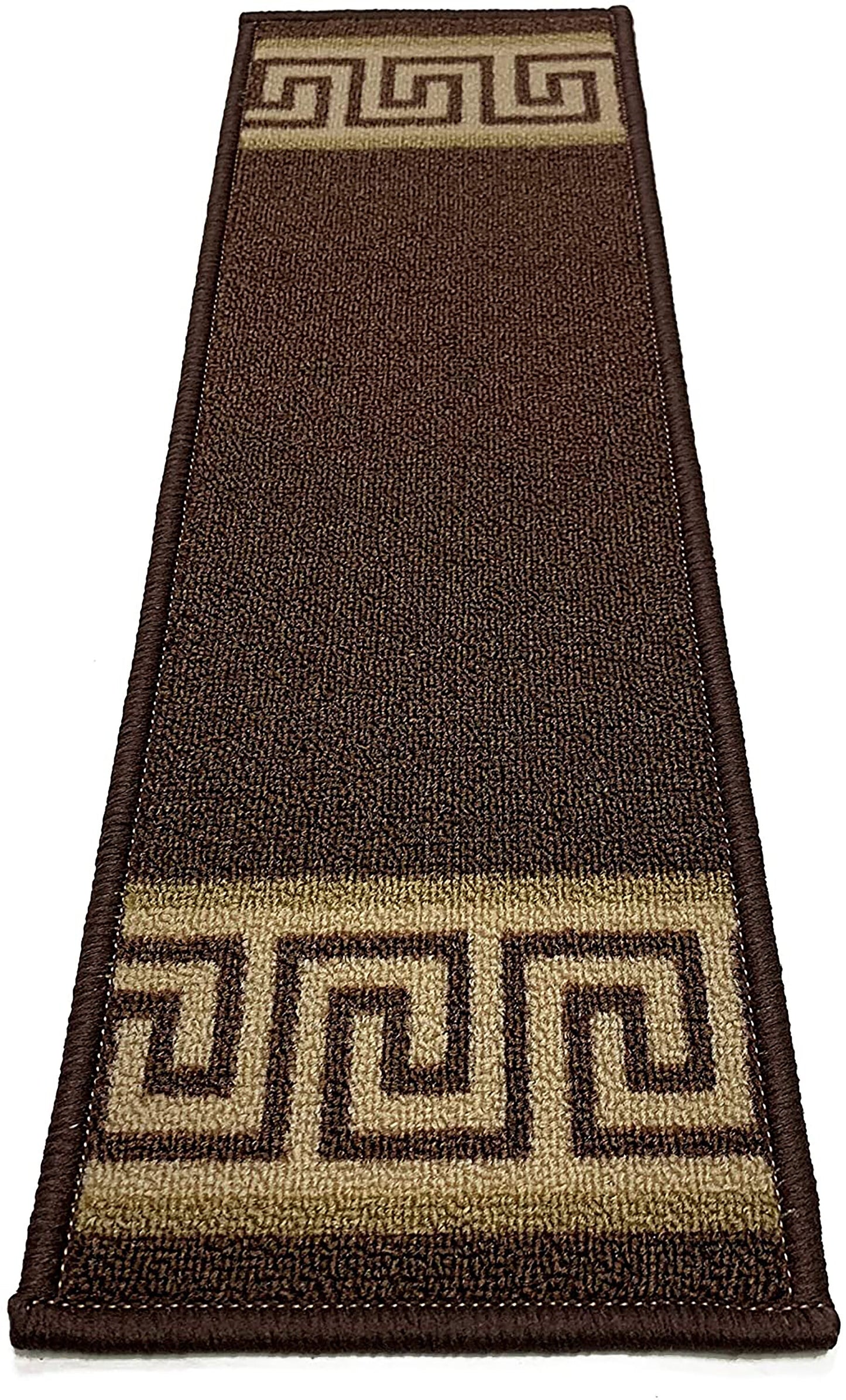Machine Washable Stair Tread Meander Greek Key Bordered Brown Skid Resistant Latex Back Carpet Stair Treads Size 8.5" x 26" Many Set Options