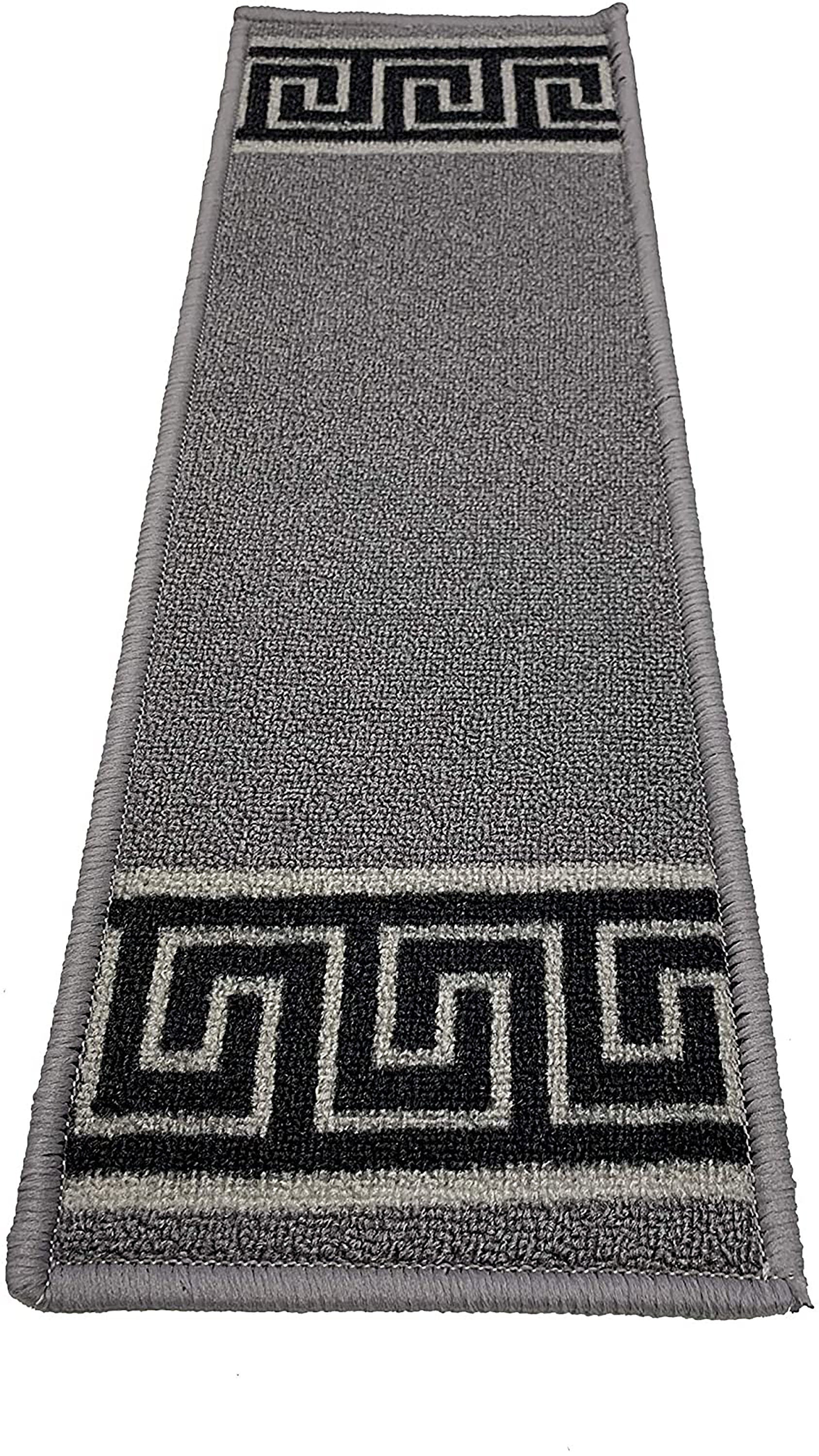 Machine Washable Stair Tread Greek Key Bordered Black and Gray Skid Resistant Latex Back Carpet Stair Treads Size 8.5" x 26" Many Set Option
