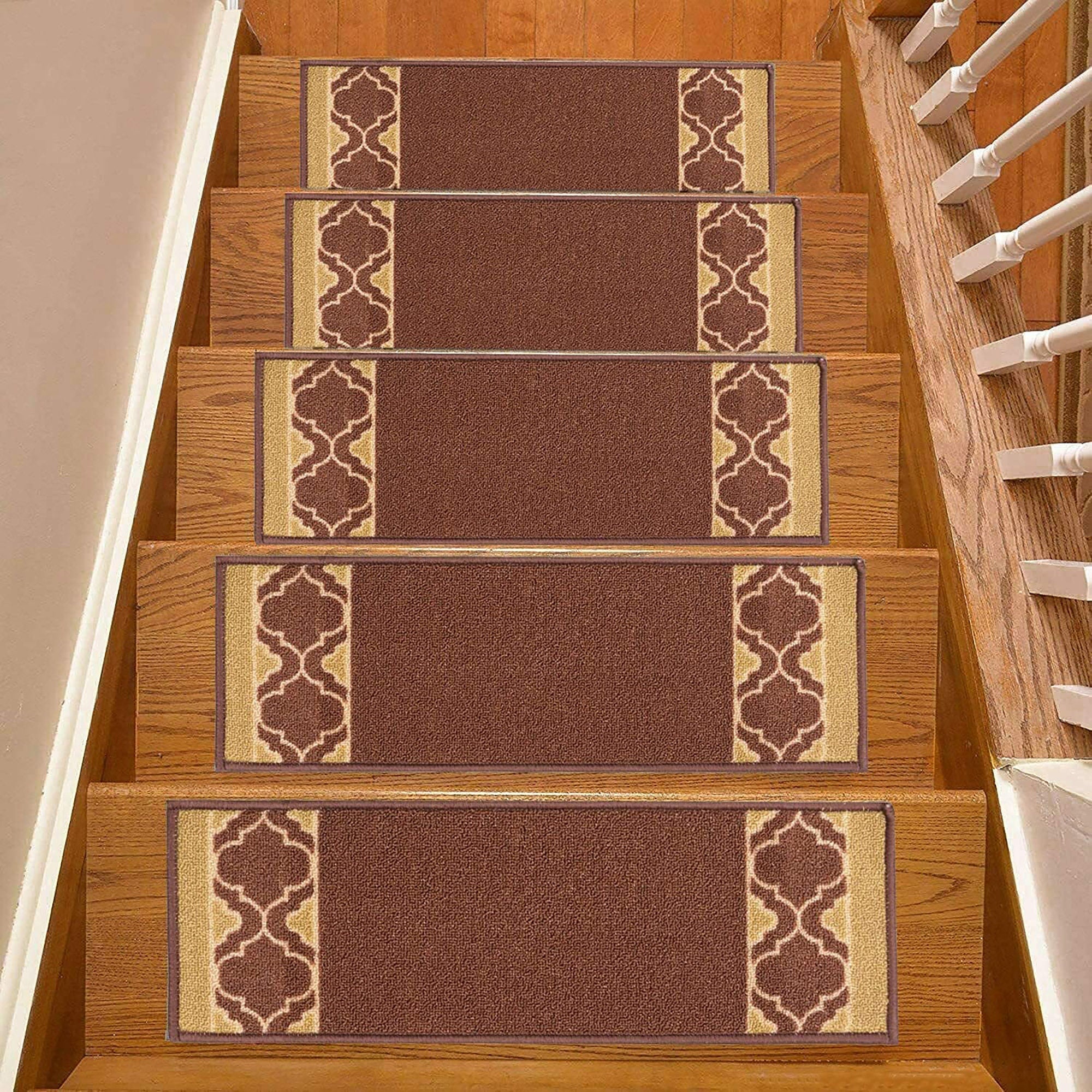 Machine Washable Stair Tread Trellis Bordered Brown Beige Skid Resistant Latex Back Carpet Stair Treads Size 8.5" x 26" Many Set Options