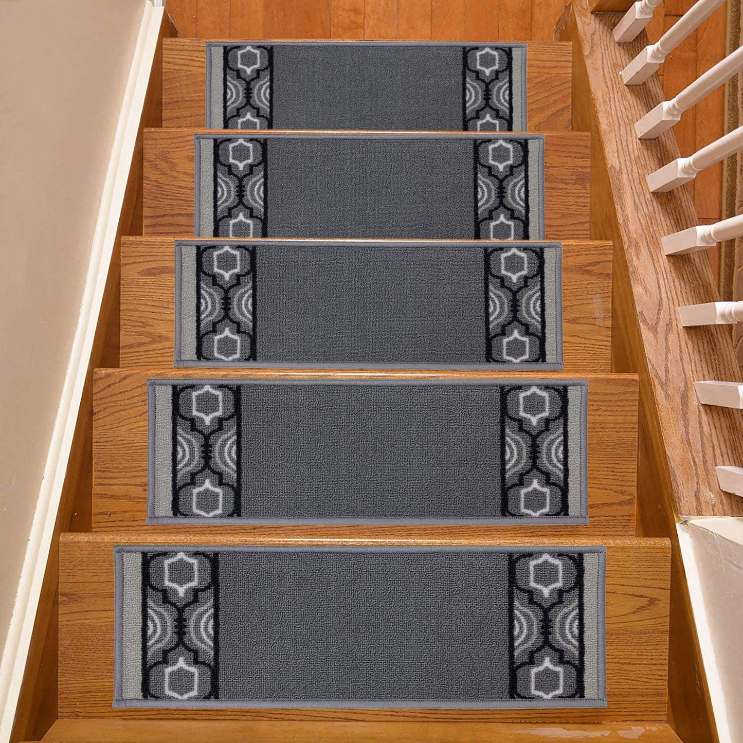 Machine Washable Stair Tread Moroccan Trellis Border Grey Skid Resistant Latex Carpet Stair Treads Size 8.5" x 26" and 9" x 36" Set Options