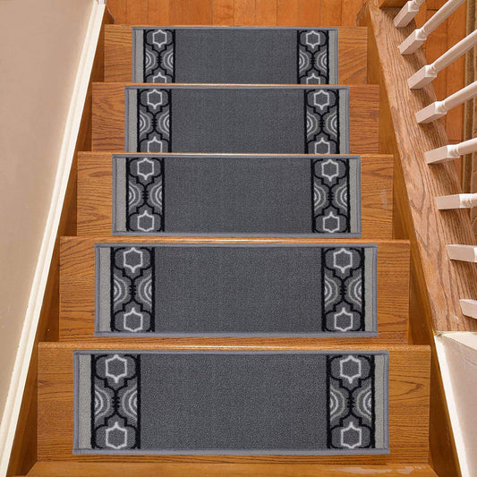 Machine Washable Stair Tread Moroccan Trellis Border Grey Skid Resistant Latex Carpet Stair Treads Size 8.5" x 26" and 9" x 36" Set Options