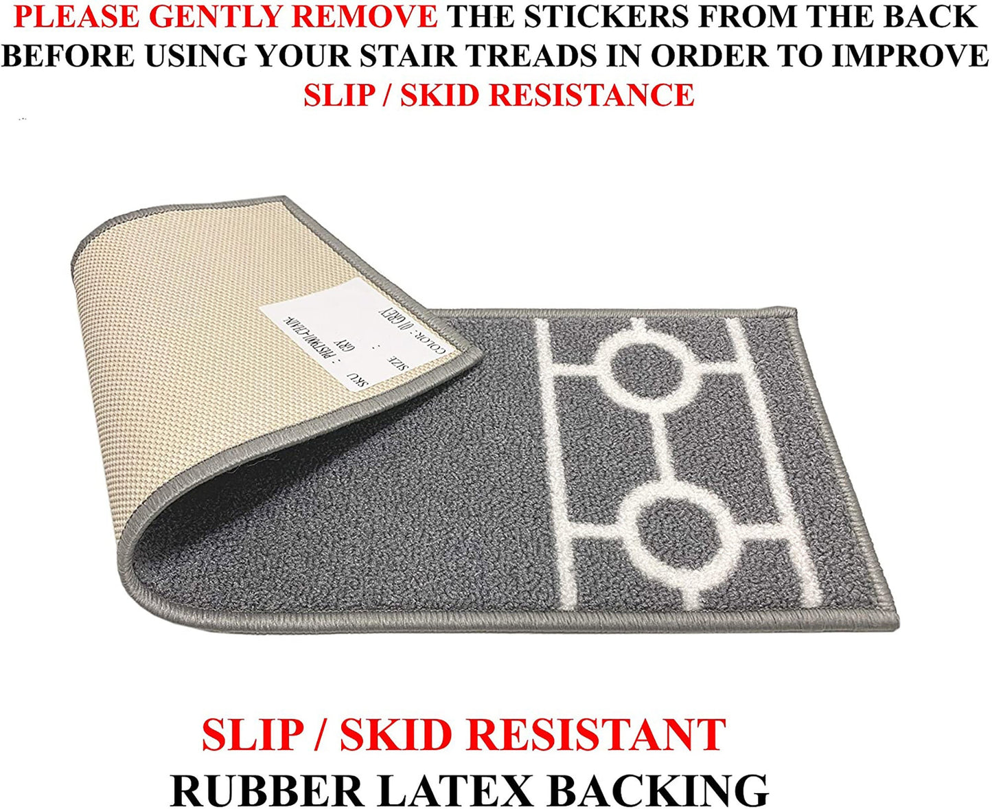 Machine Washable Stair Tread Chain Bordered Grey and White Skid Resistant Latex Back Carpet Stair Treads Size 8.5" x 26" Many Set Options