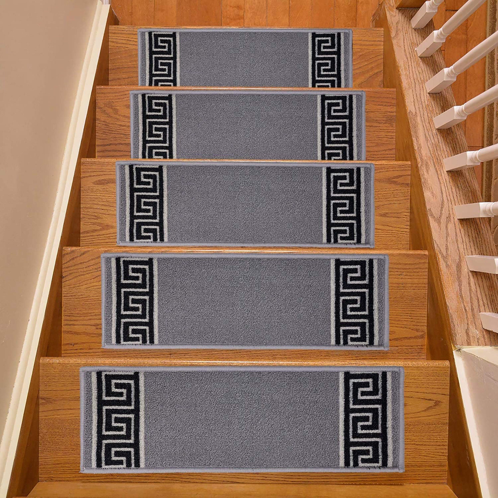 Machine Washable Stair Tread Greek Key Bordered Black and Gray Skid Resistant Latex Back Carpet Stair Treads Size 8.5" x 26" Many Set Option