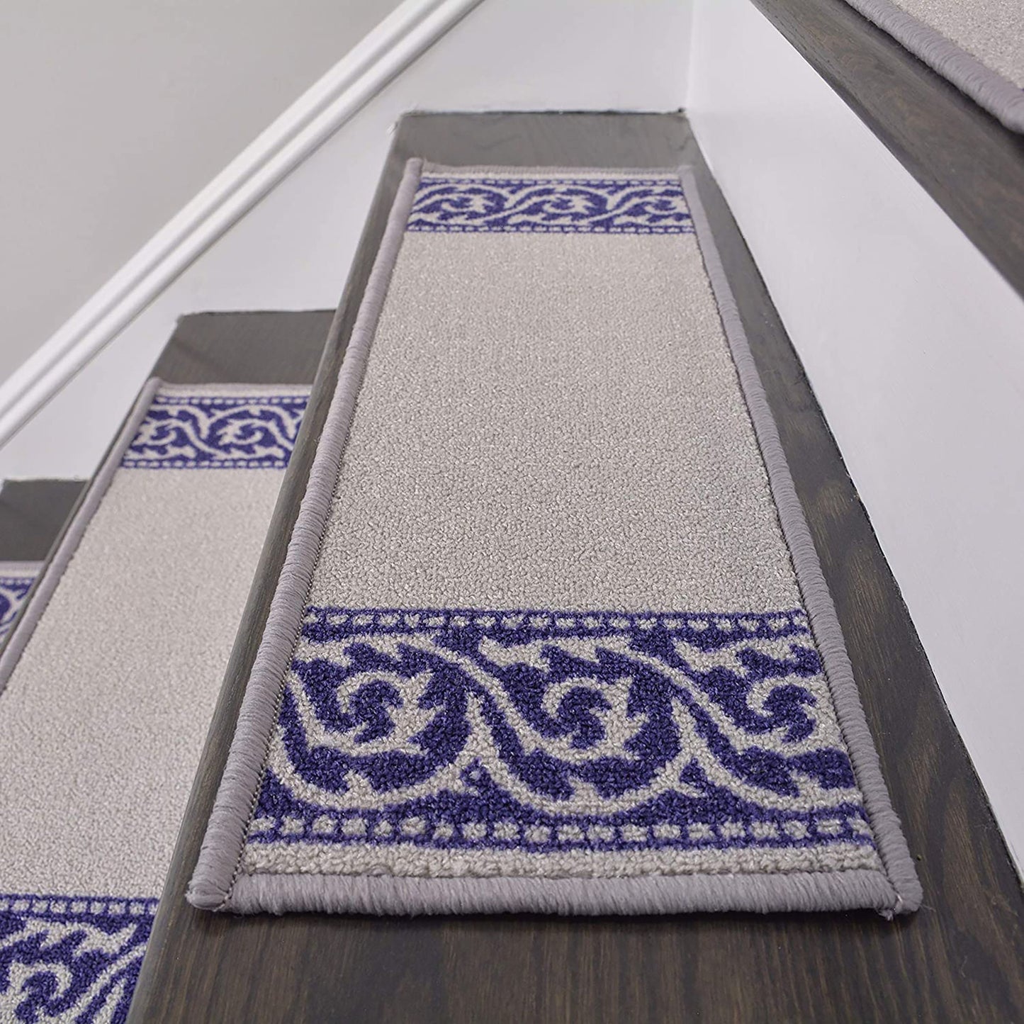 Machine Washable Stair Tread Floral Scroll Navy Bordered Grey Skid Resistant Latex Back Carpet Stair Treads Size 8.5" x 26" Many Set Options