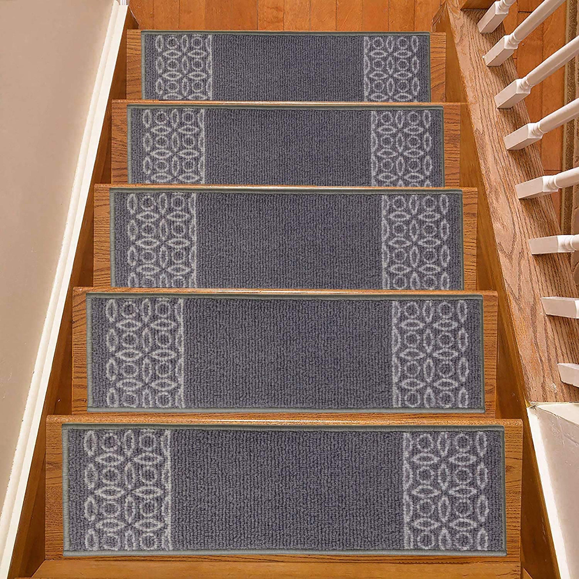 Machine Washable Berber Stair Tread Geometric Bordered Grey Skid Resistant Latex Back Carpet Stair Treads Size 9" x 30" Many Set Options