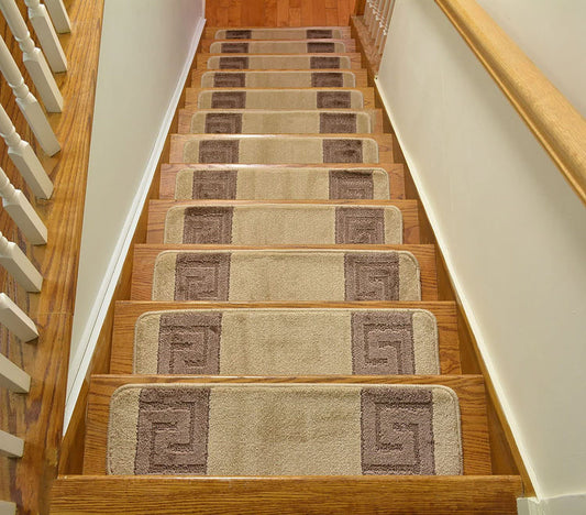 Machine Washable Slip Resistant Greek Key Beige Stair Treads Soft Collection Indoor Stair Tread Noice Reducer Stair Protector Sizes 8.5"x30"
